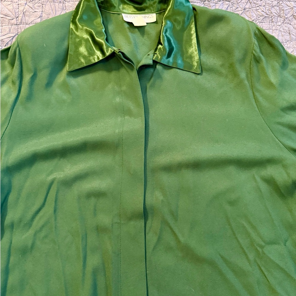 Vtg Betsy’s Things Green Satin Trim Oversized Shirt Dress Y2K Emerald Tunic 90s